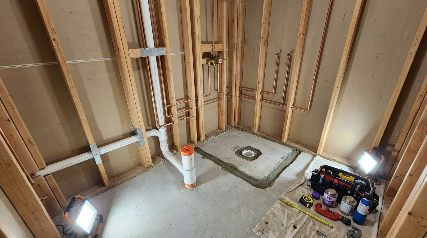 Bathroom rough-in plumbing during remodel by Johns Plumbing LLC in Hughes Springs