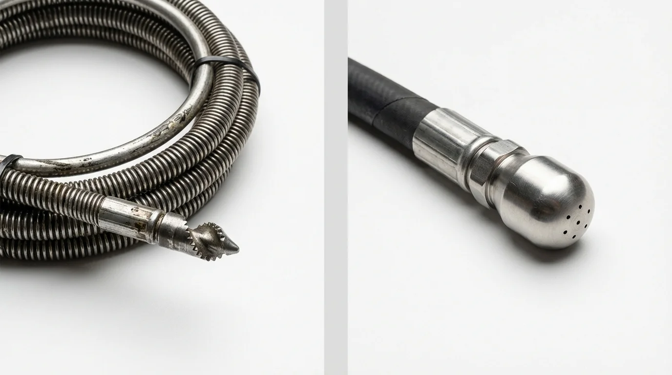 Drain snake cable and hydro jetting nozzle used for drain cleaning in Hughes Springs, TX