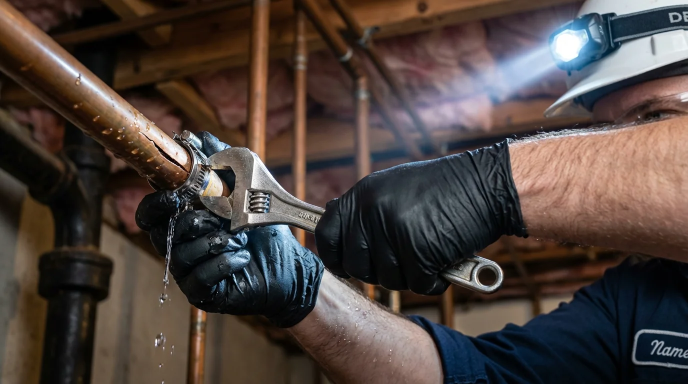 Emergency pipe clamp repair being performed by a Johns Plumbing LLC plumber in Hughes Springs