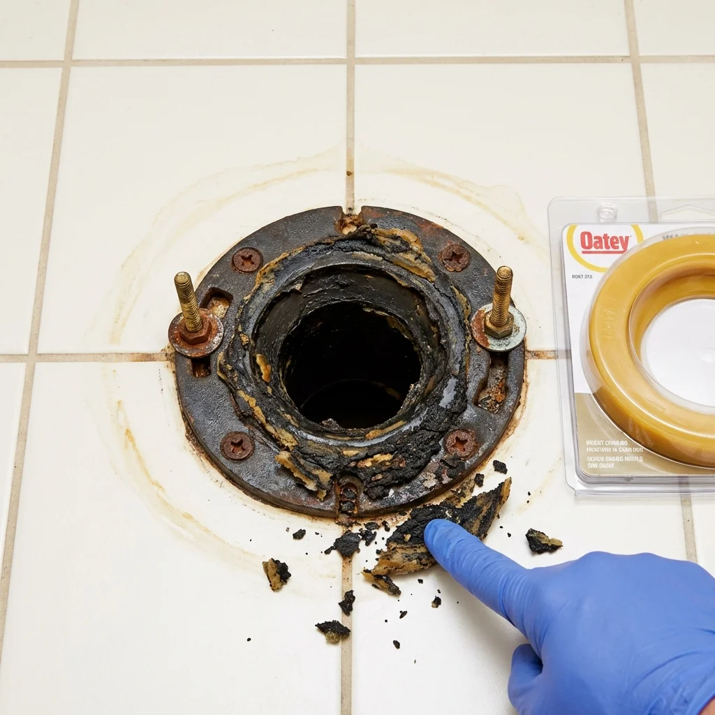 Failed wax ring showing water seepage at the base of a toilet in a Hughes Springs, TX home