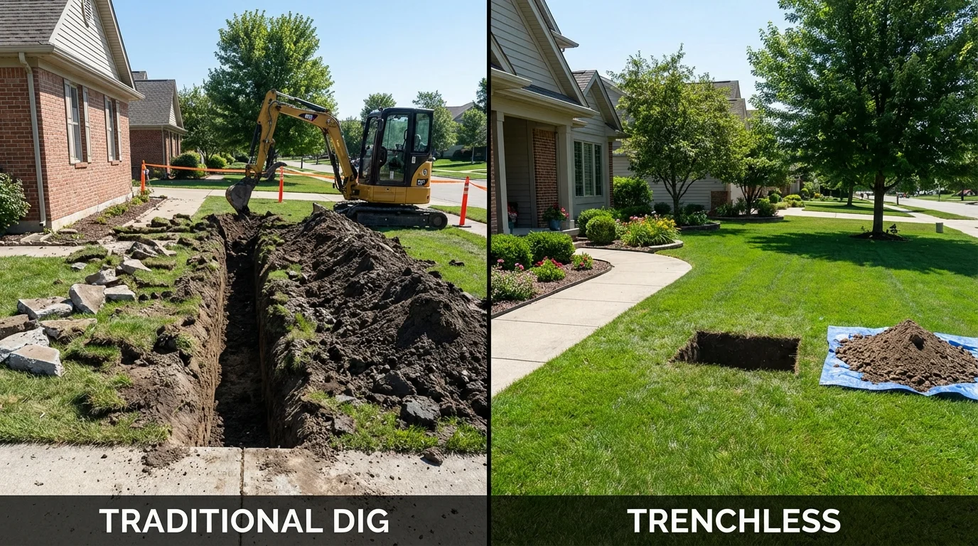 Trenchless sewer repair with minimal yard damage versus traditional excavation in Hughes Springs, TX