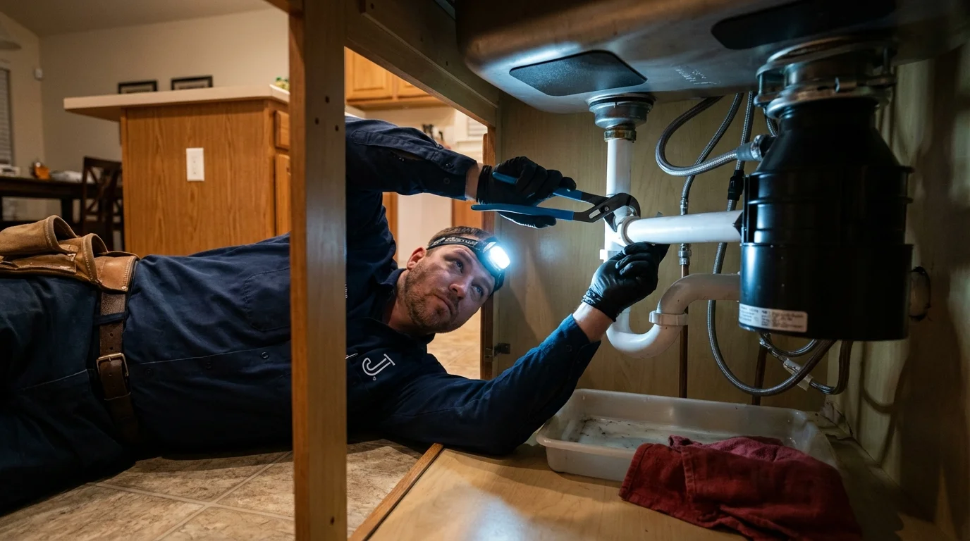 P-trap and supply line connections under a kitchen sink showing a common leak point in Hughes Springs, TX
